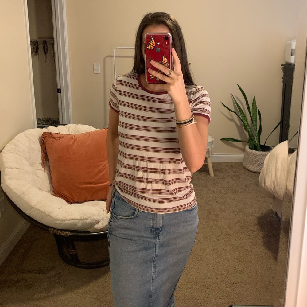 Striped rust and mustard short sleeve t-shirt